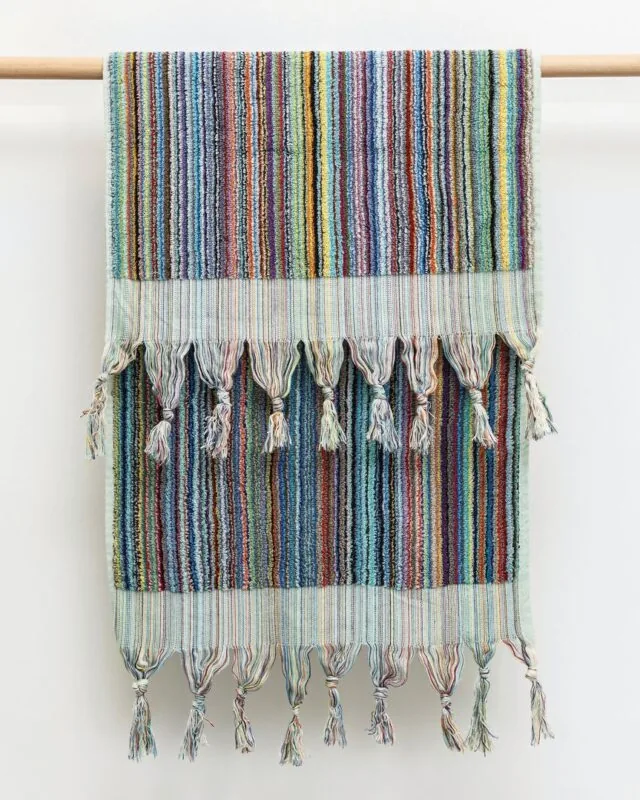 Rainbow terry hand towel with multicolour stripes and twisted fringe