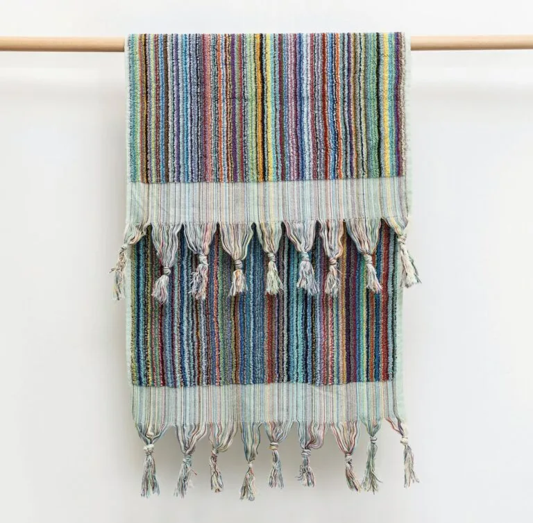 Rainbow terry hand towel with multicolour stripes and twisted fringe
