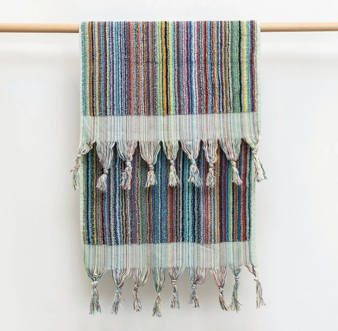 Rainbow terry hand towel with multicolour stripes and twisted fringe